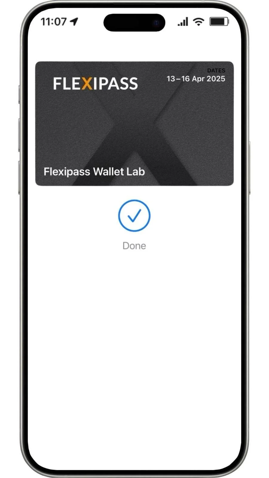 A smartphone screen displaying a digital wallet app with a FlexiPass Wallet Lab card, showing a checkmark and the word 'Done' indicating the transaction or process is complete.