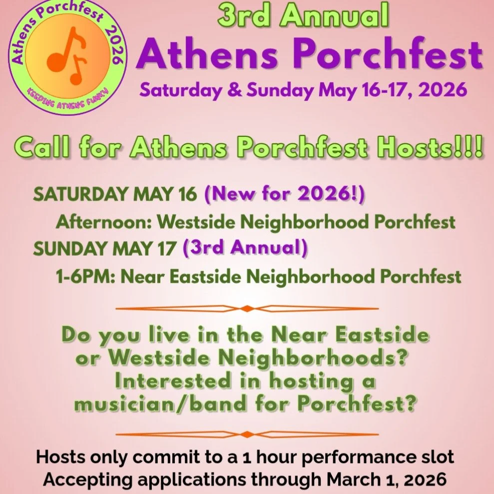 ATHENS PORCH HOST APPLICATION
A key part of the Porchfest equation is enlisting places for the bands to play. That&rsquo;s where you come in. 
Link in bio. 

We have opened the online application for residents in the Westside Neighborhood (Saturday) 