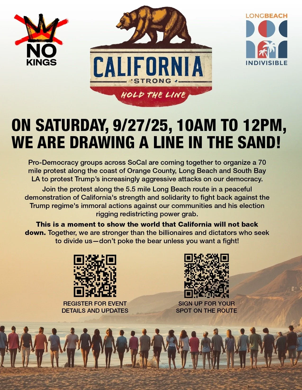 Come find us and stand in solidarity for democracy TOMORROW! Sign up with the QR code for event details. 

You can find us on Segment 14 at the Promenade in purple shirts! Say hi, meet the team, and learn more about Prop 50 and the other ways in whic