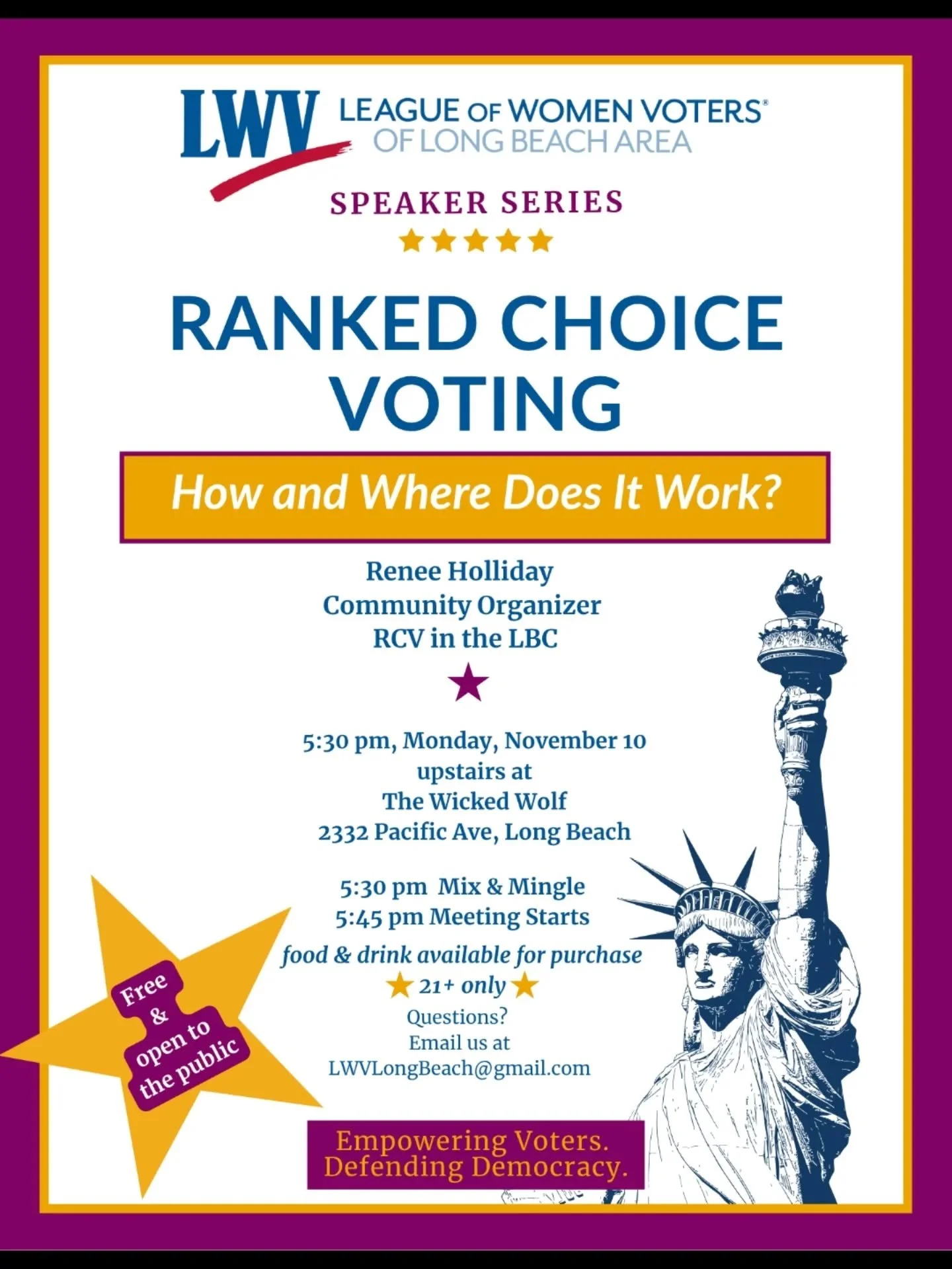 Organize with the League of Women Voters AND learn about Ranked Choice Voting! We will be speaking at this 21+ event and invite any who stand with women to come. See you on November 10th!

#lbc #rcv #rcvinthelbc #rankedchoicevoting #lwv #leagueofwome