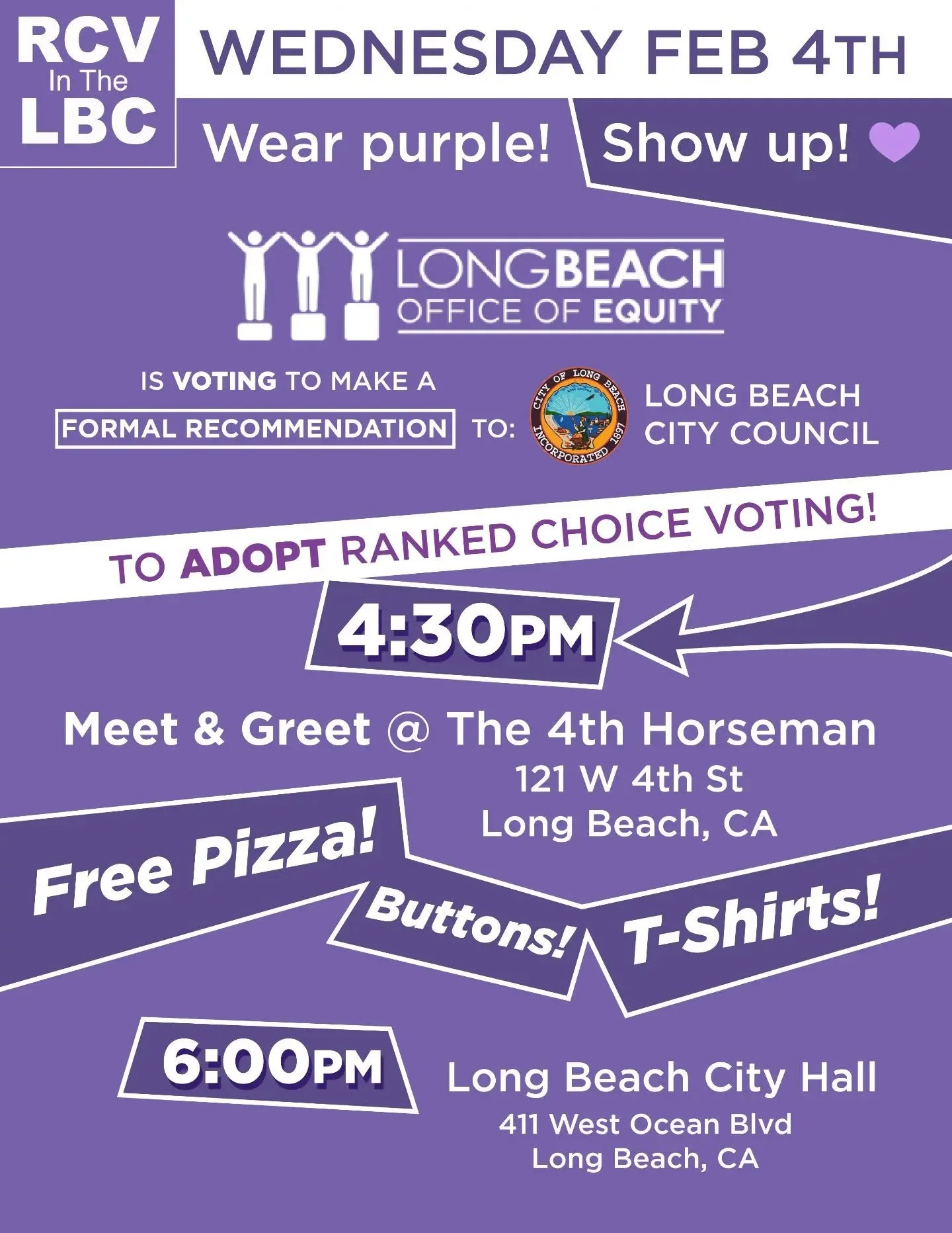 Feb 4 | 6 PM | Long Beach City Hall 🏛️

The Equity &amp; Human Relations Commission votes on whether to make a formal recommendation to City Council. This is huge! 🙌

We have real momentum! We are watching grassroots action turn into real policy in