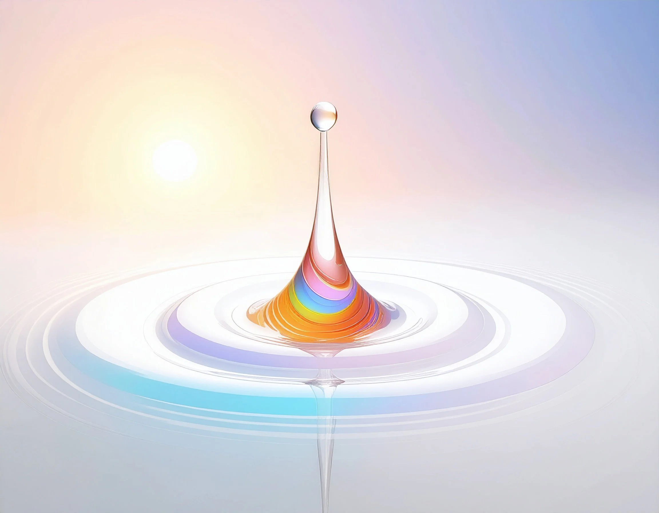 A water droplet splash with a rainbow-colored reflection on the surface, creating concentric ripples on a smooth water surface against a pastel gradient background.