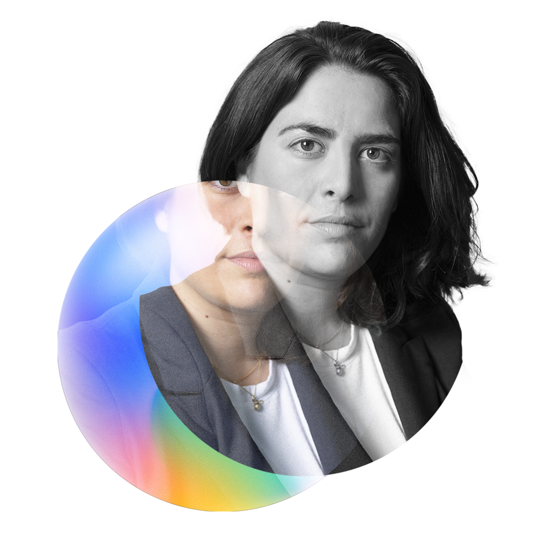 A manipulated photo featuring Isabel Sierra Gomez de Leon, with a double exposure effect combining a black and white portrait and a colorful, semi-transparent shape.