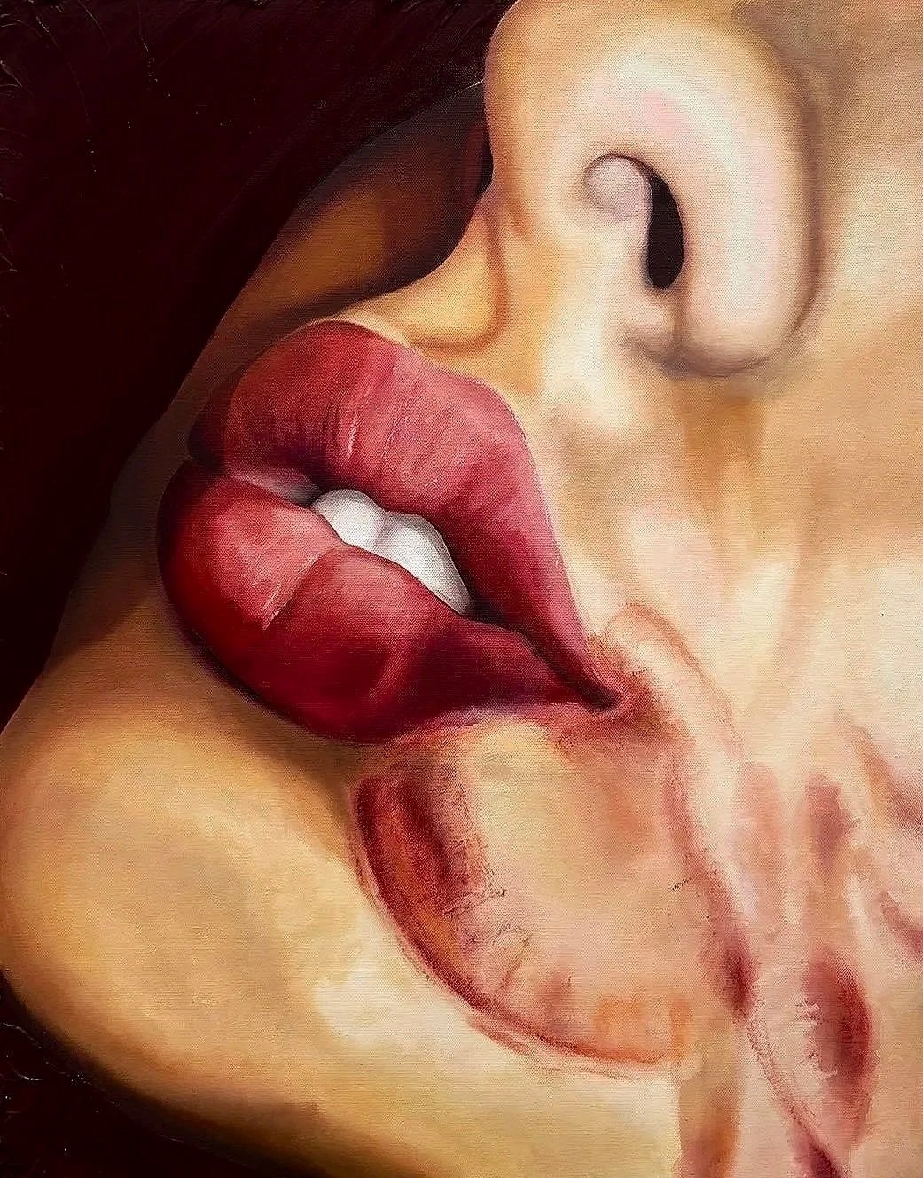 Eva Engel, It’s Not For You, Lipstick Impression Edition, Oil paint and Molding Paste, 28”x 22”, 2025