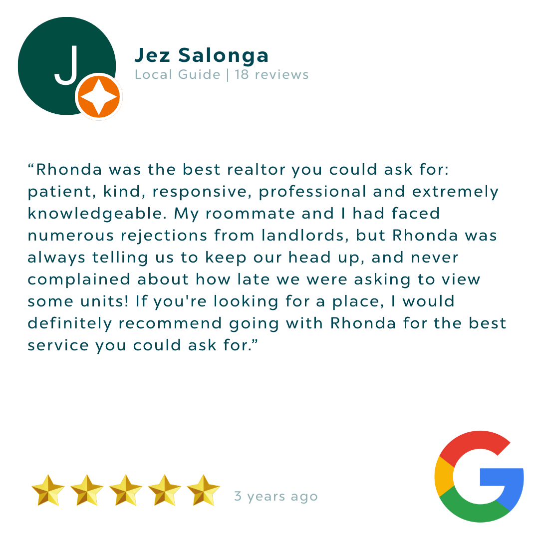 Google review for Jez Salonga, a local real estate guide, with a 5-star rating and a positive testimonial about Rhonda, a realtor.