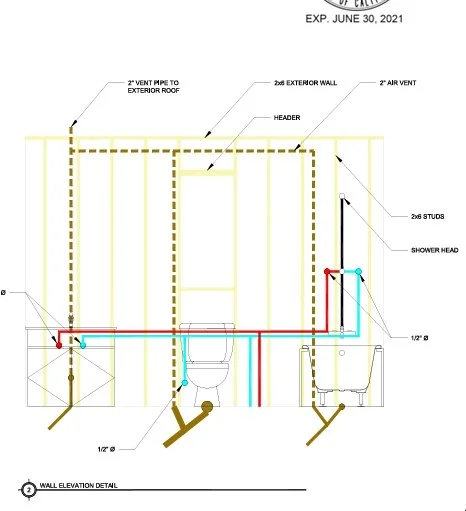 Bathroom wall elevation plan showing vent pipe, exterior wall, header, studs, shower head, and plumbing lines with color coding.