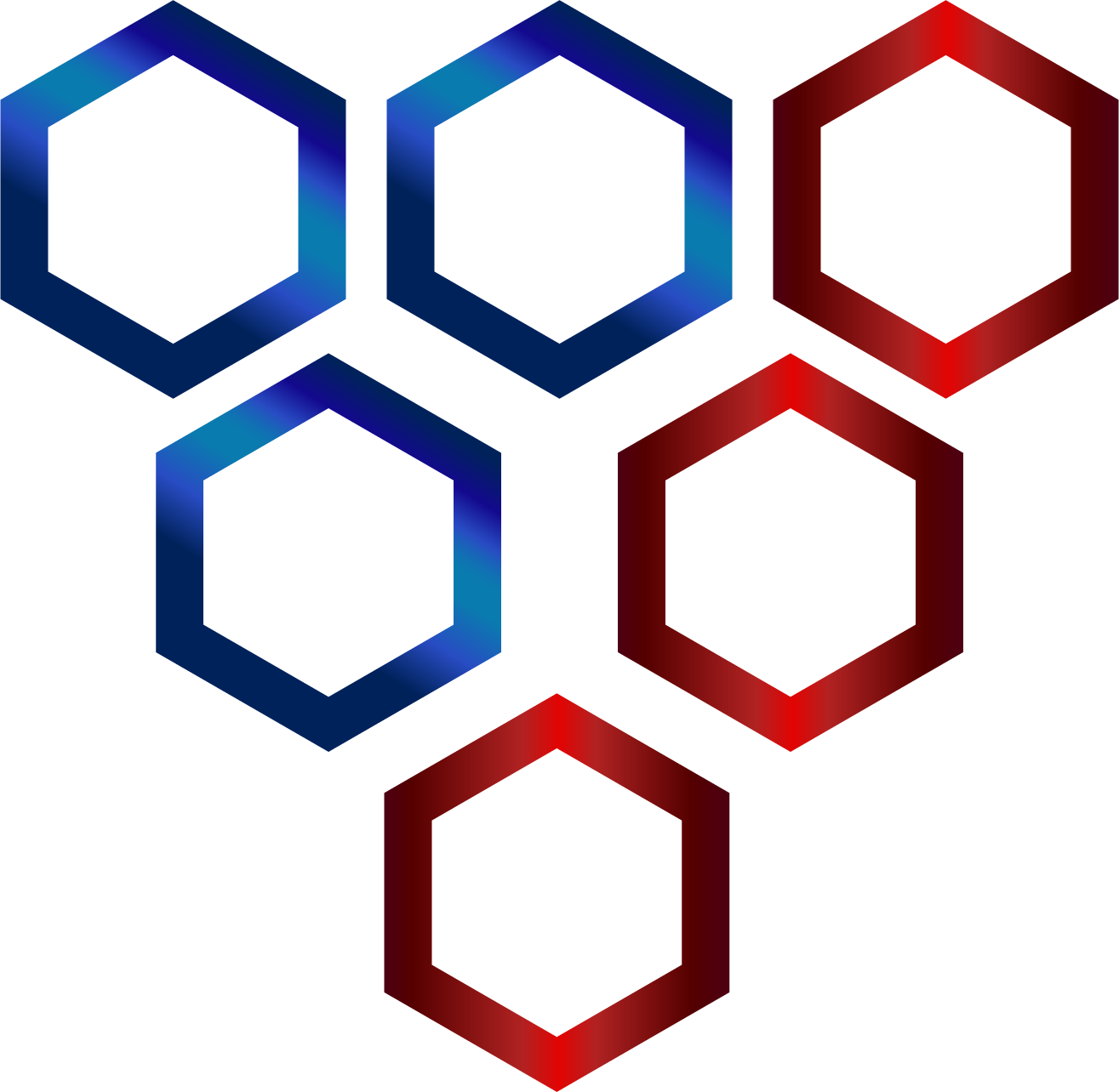 A geometric design featuring six hexagons arranged in a larger hexagonal pattern, with a gradient color scheme of blue shades on the left and red shades on the right, on a white background.