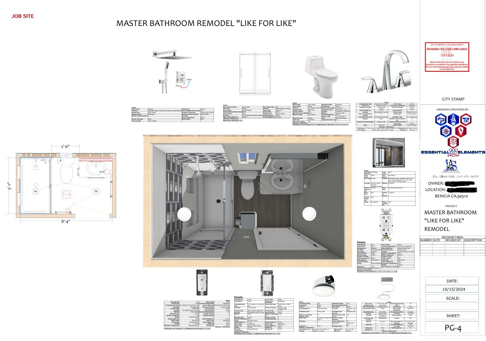 Architectural plan and 3D rendering of a bathroom remodel labeled "Like for Like", including separate shower, toilet, two sinks, faucet, and layout details.