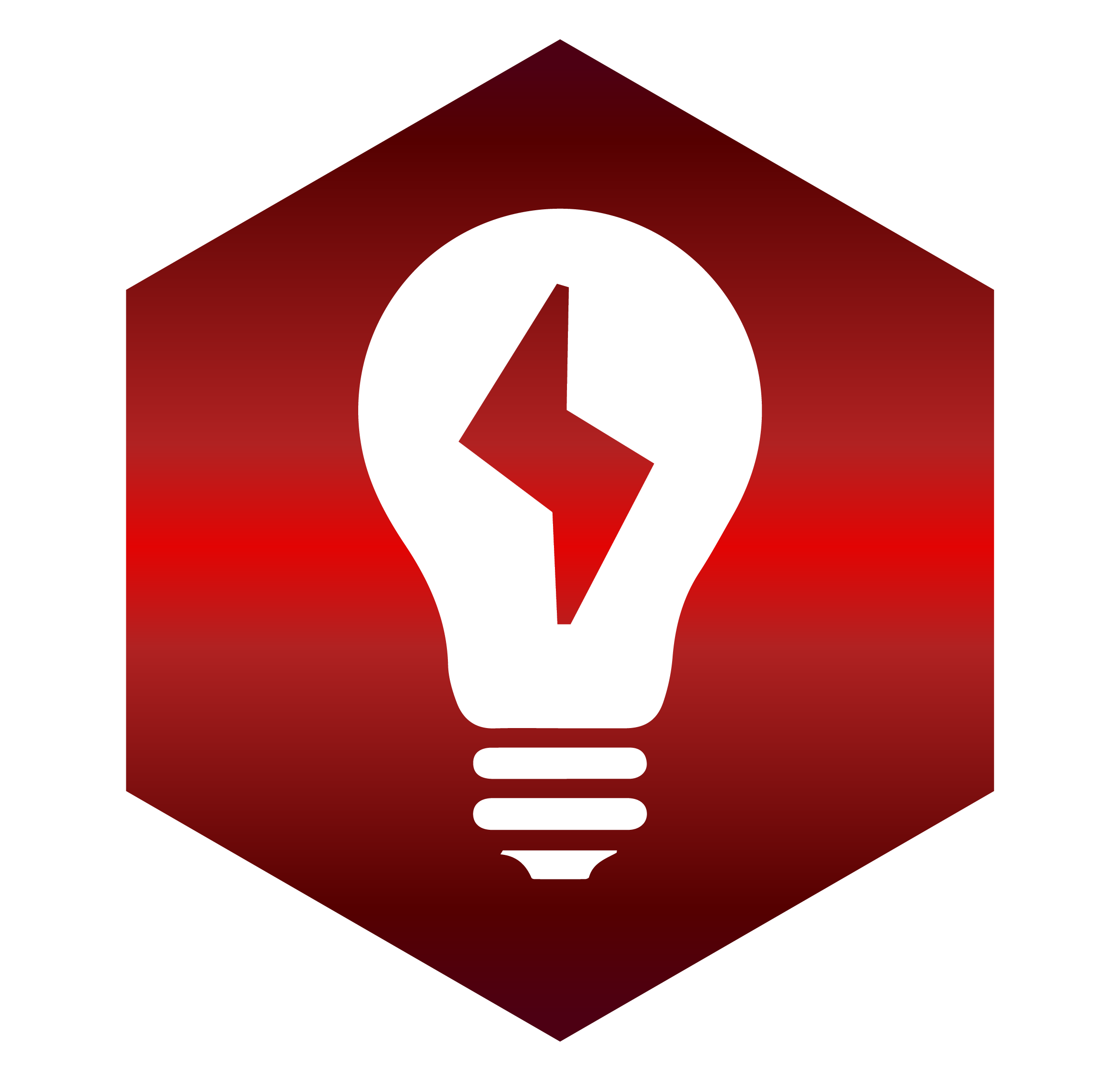 Symbol of a light bulb with a lightning bolt inside, on a red gradient hexagon background.