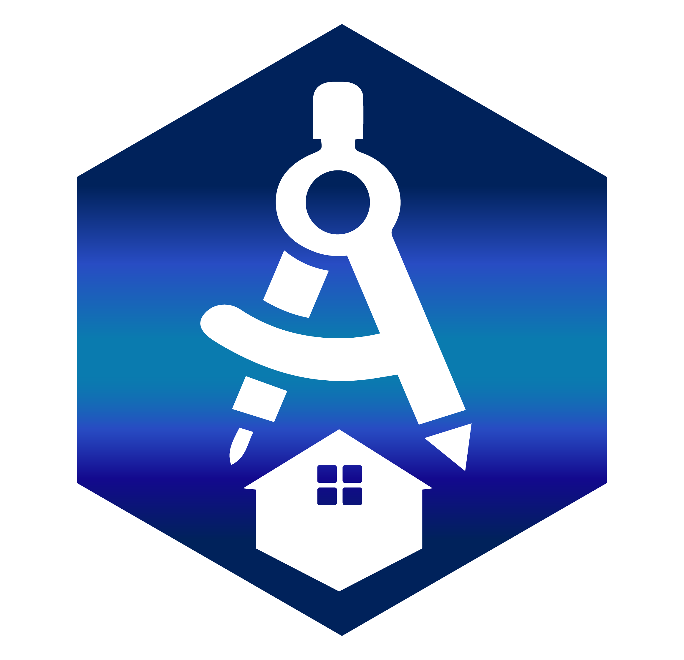 Logo with house, house, house, and compass symbols, mostly in black and blue colors.