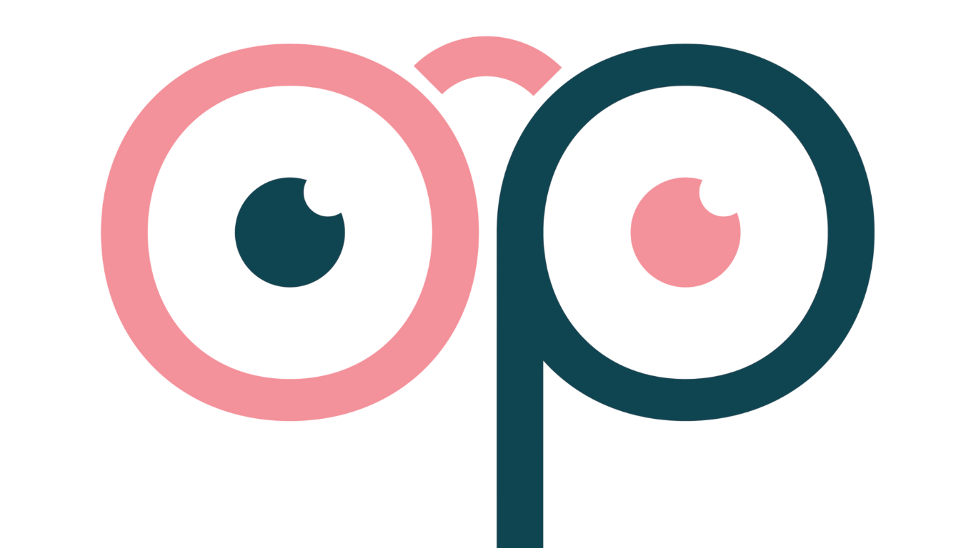 Stylized pink and dark teal eye illustrations forming a logo.
