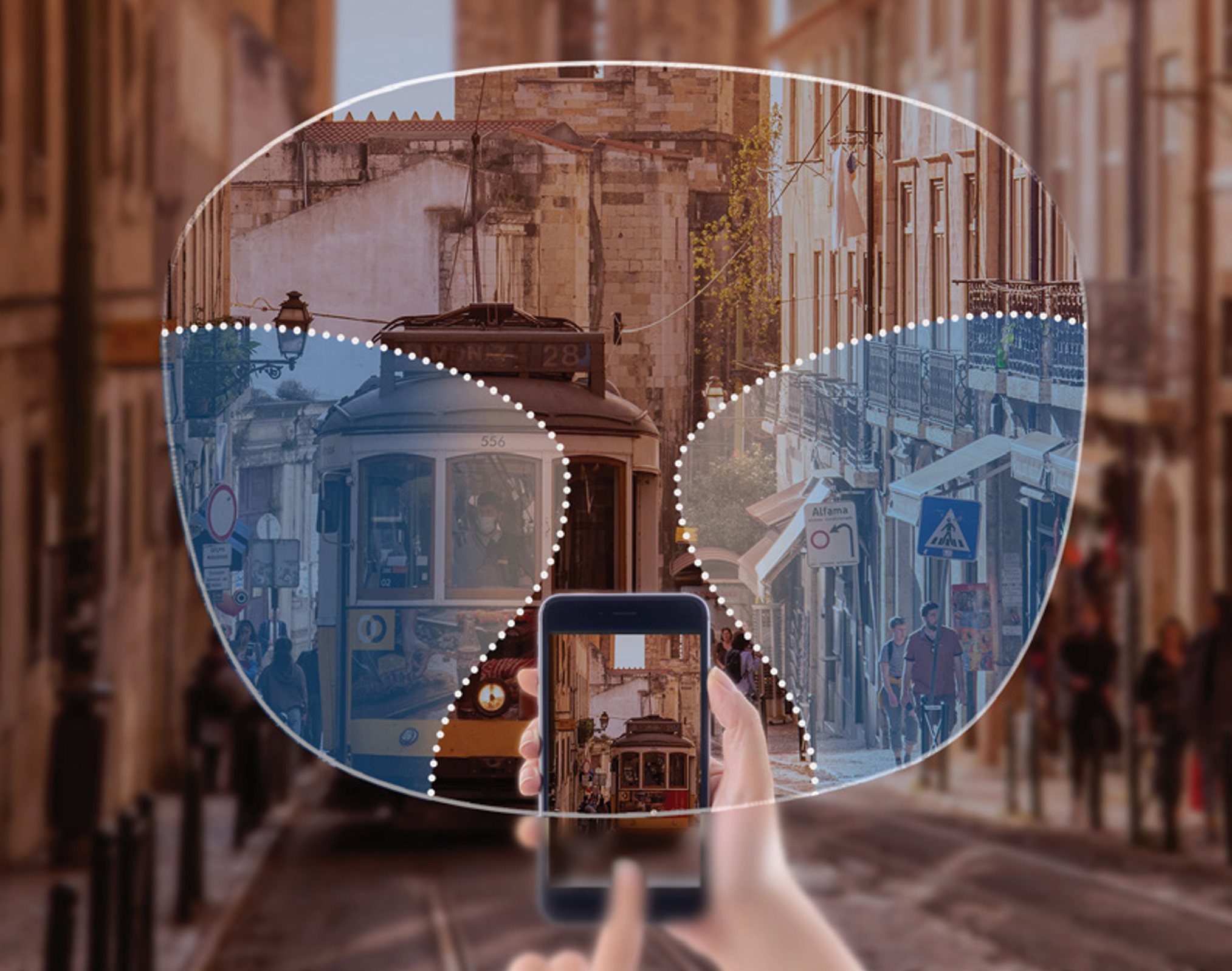 A person taking a photo of a city scene with a smartphone, featuring a vintage tram and buildings, overlaid with a camera focus grid.