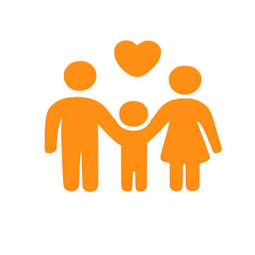 Illustration of a family with two parents and one child, with a heart symbol above them.