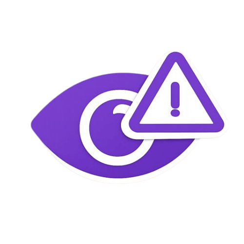 A purple eye icon with a warning triangle containing an exclamation mark in front of it.