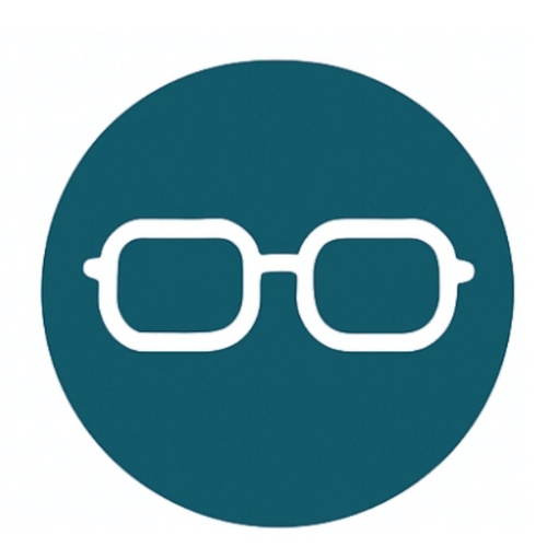 Icon of eyeglasses with rectangular frames within a dark teal circle.