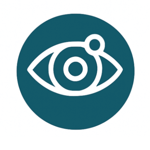 Icon of an eye with a circle above it inside a dark teal circle.