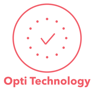 A minimalist clock illustration with the text 'Opti Technology' below, featuring a red outline and dots marking the hours.