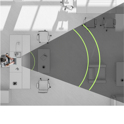 Office space with a person using a computer and a large triangular scanner or sensor projecting green lines across the room.