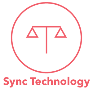 A logo with a red scale balance symbol inside a red circle and the words 'Sync Technology' below in red.