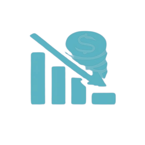 A blue downward trending graph with a stack of coins and a dollar sign.