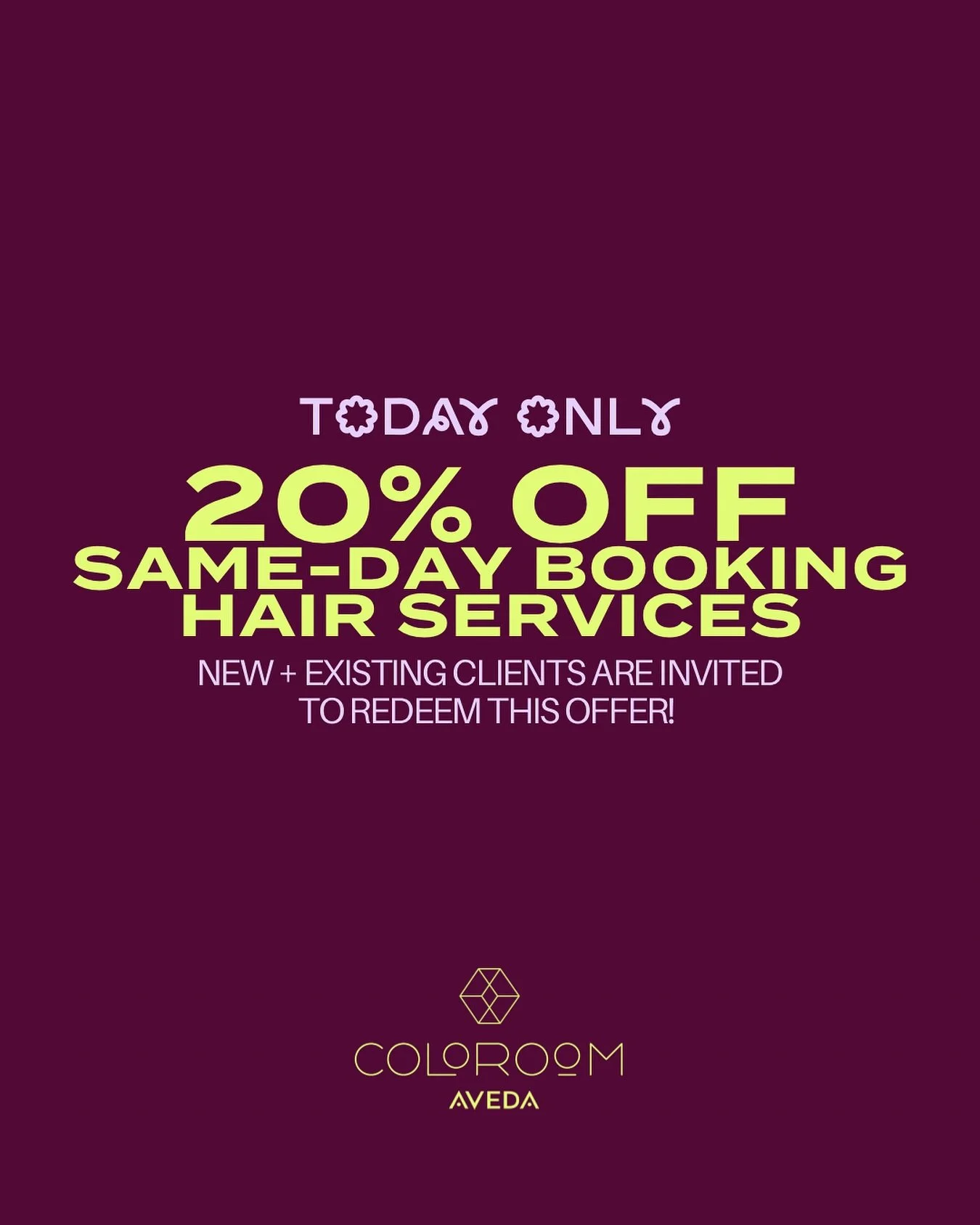 TODAY only 👀✨
20% OFF same-day services
💫Cuts, Colors, Brows + Waxing

Book it today, for today&mdash;that&rsquo;s the deal 💁&zwj;♀️
New + existing clients welcome 💚

Fort Collins: Michella
Loveland: Mandy, Calli + Lisa (cut only at 2:45)

If you