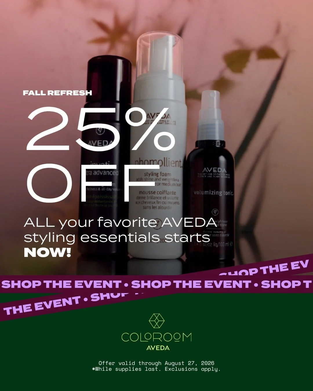 Give your fall styling routine the fresh start it needs. 🍃

ALL AVEDA styling products are 25% off during the Fall Refresh Event at Coloroom.

Shop in person at either Coloroom location in Loveland or Fort Collins. New to Coloroom, stop in and say h