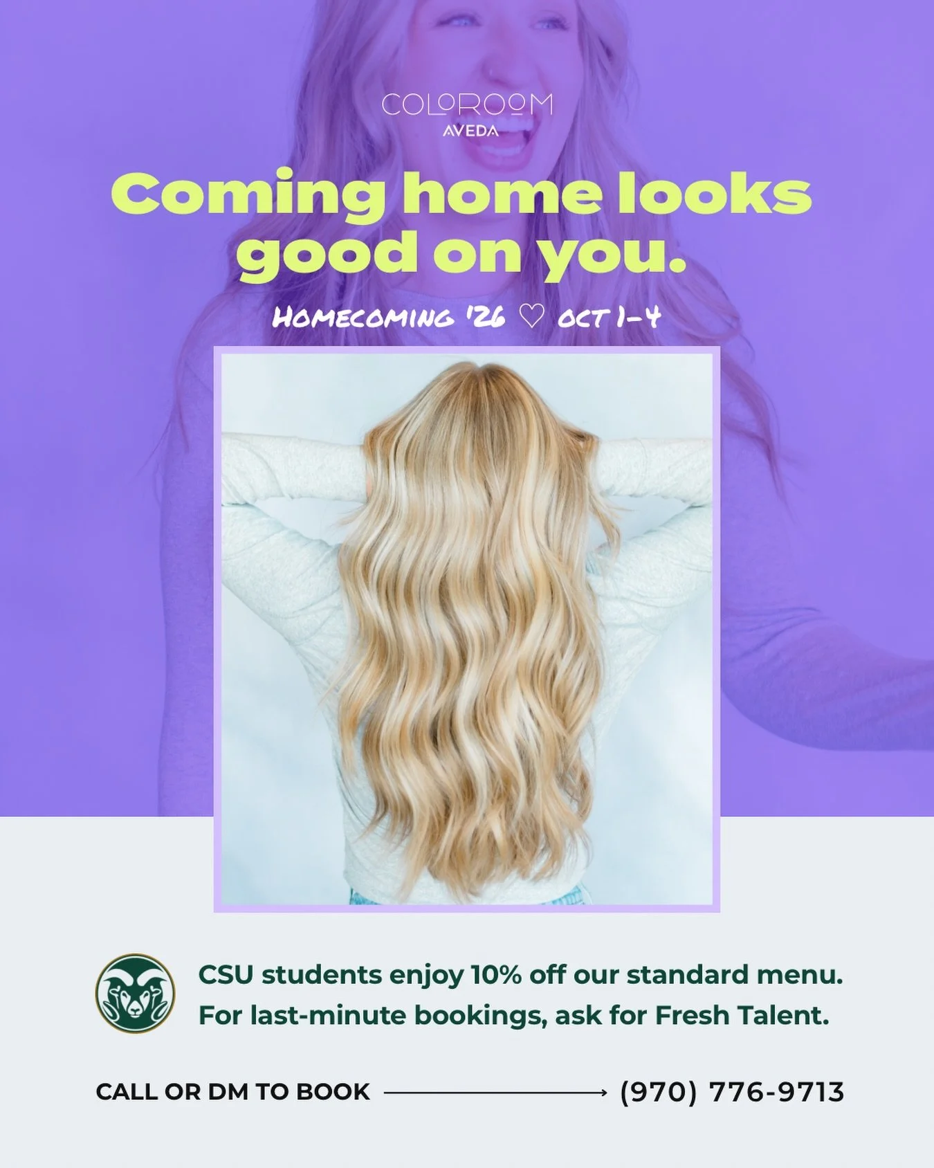 Welcome home, Rams 💚 Homecoming weekend runs Oct. 1 to 4, which makes this the week for your coming-home refresh ✨

CSU students enjoy 10% off our standard menu!

Book your usual stylist through the link in bio. For a last-minute appointment, call (