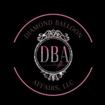 Logo for Diamond Balloon Affairs, LLC with a pink and black color scheme, featuring a crown and decorative flourishes surrounding the initials DBA.