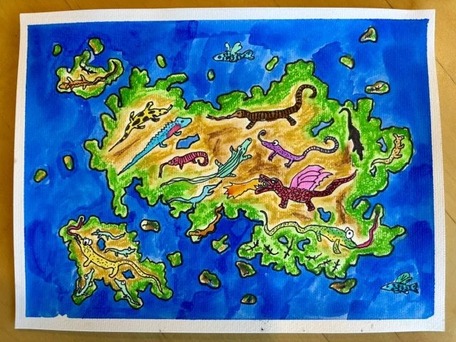 Artwork of a fantasy island with lizards