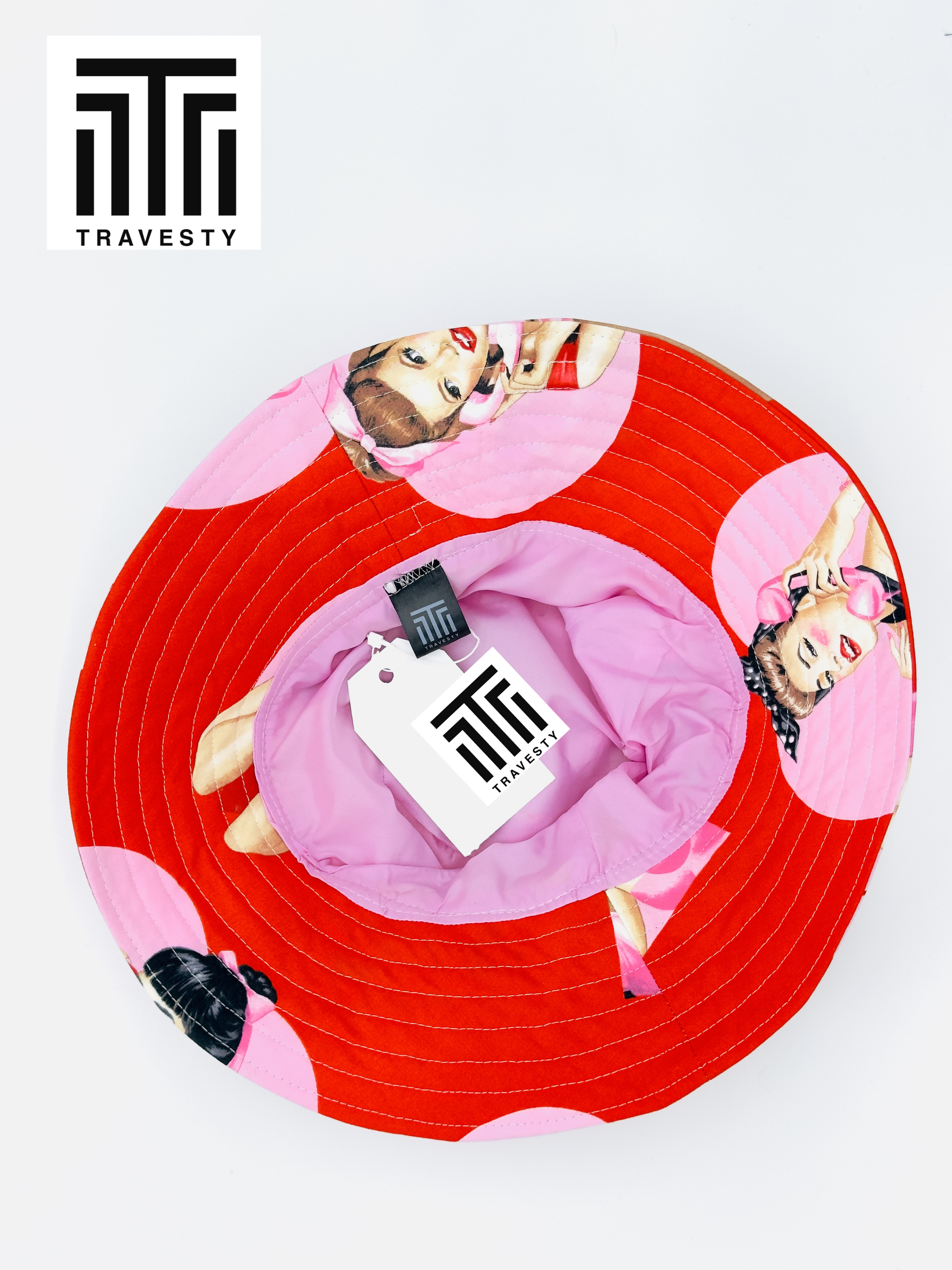 bucket hat blonde pinup woman pink red alexander henry telephone