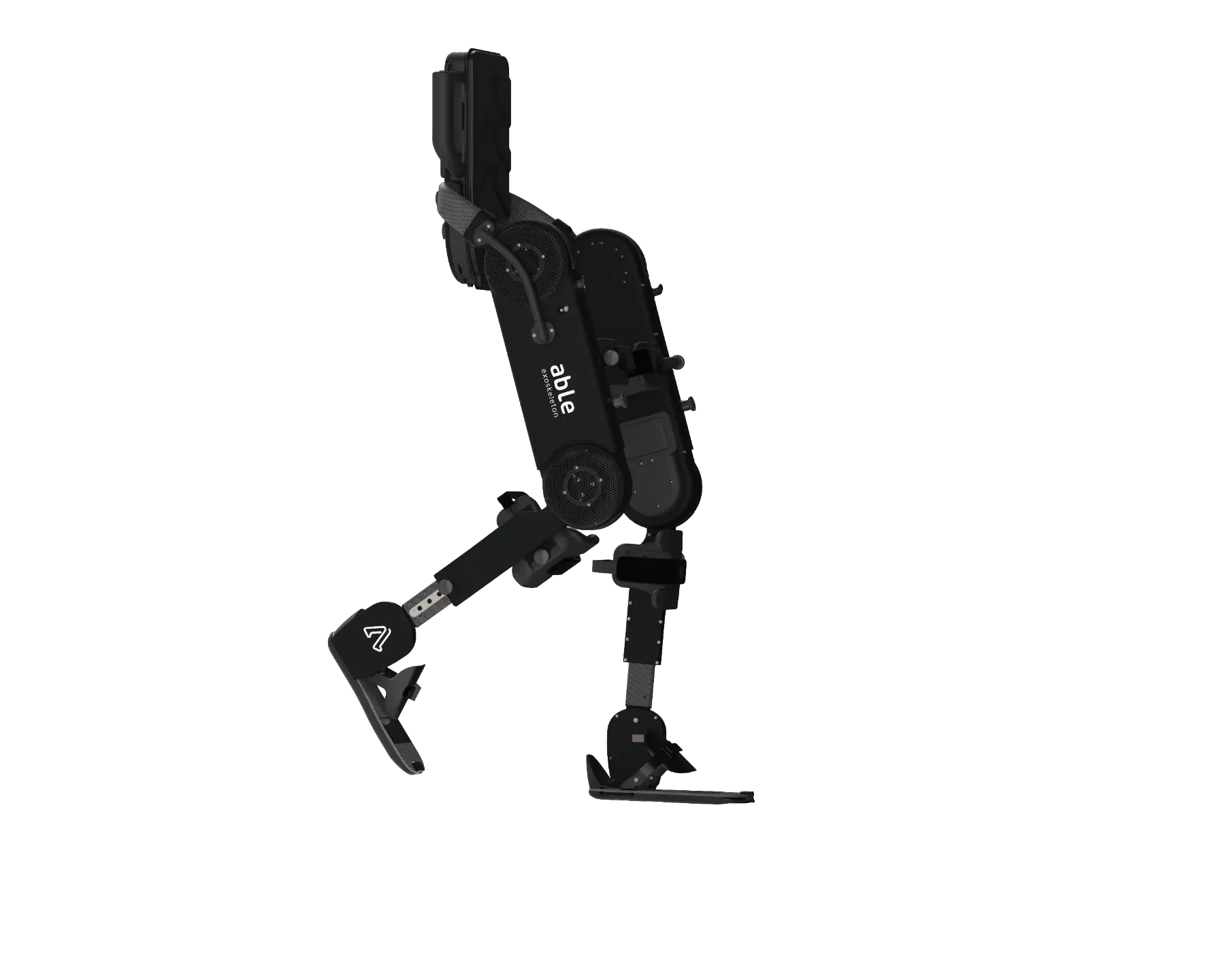 Vista lateral del dispositivo ABLE Exoskeleton vacío, mostrando la estructura robótica de rodilla y cadera para rehabilitación de la marcha. Bayber