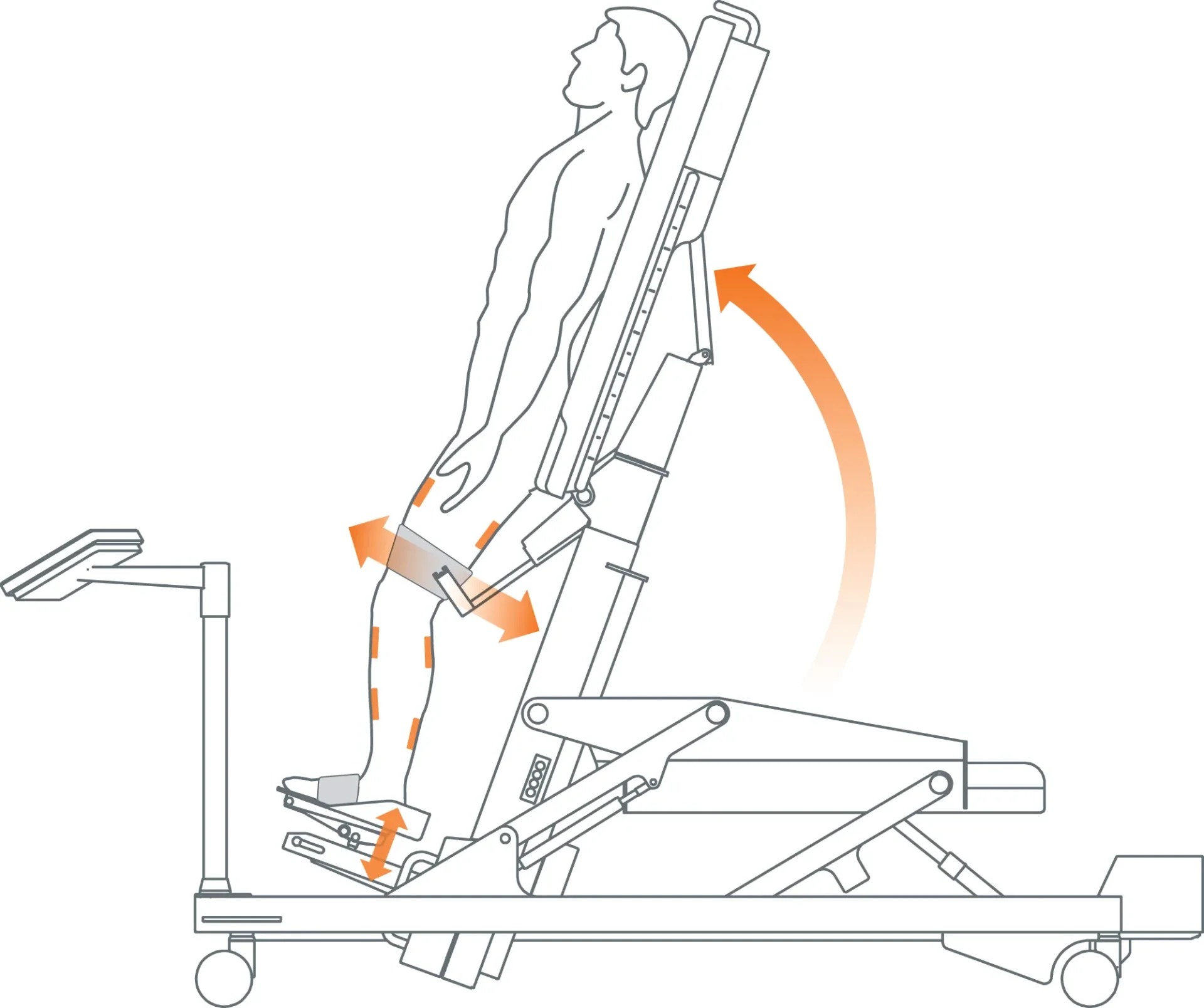 Ilustración del sistema Erigo que muestra el movimiento combinado de verticalización temprana y movilización de piernas. Bayber distribuidor España y Portugal