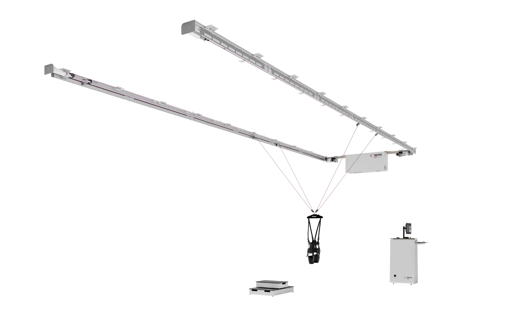 Vista general del sistema Motek RYSEN con arnés suspendido y raíles para rehabilitación con soporte de peso corporal 3D. Distribuido en España y Portugal por Bayber