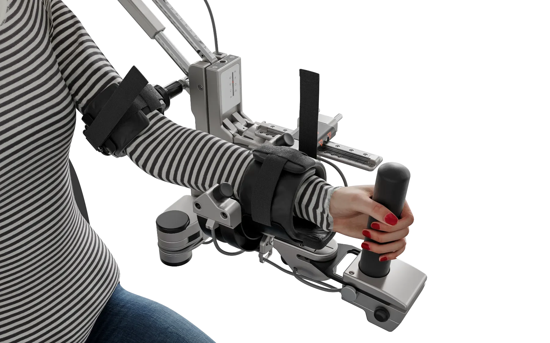Render de ArmeoSpring Pro con brazo robótico extendido, preparado para ejercicios VR con TrueG feedback aumentado. Bayber distribuye oficialmente ArmeoSpring Pro en España y Portugal