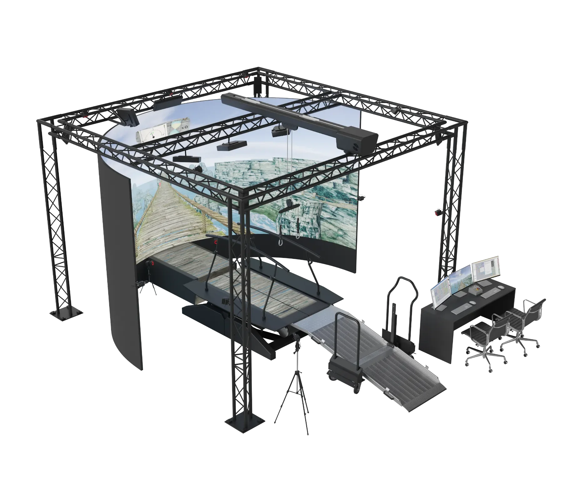 Configuración de GRAIL con rampa de acceso a la pasarela y pantalla envolvente para análisis de marcha clínica y rehabilitación del equilibrio. Bayber España y Portugal