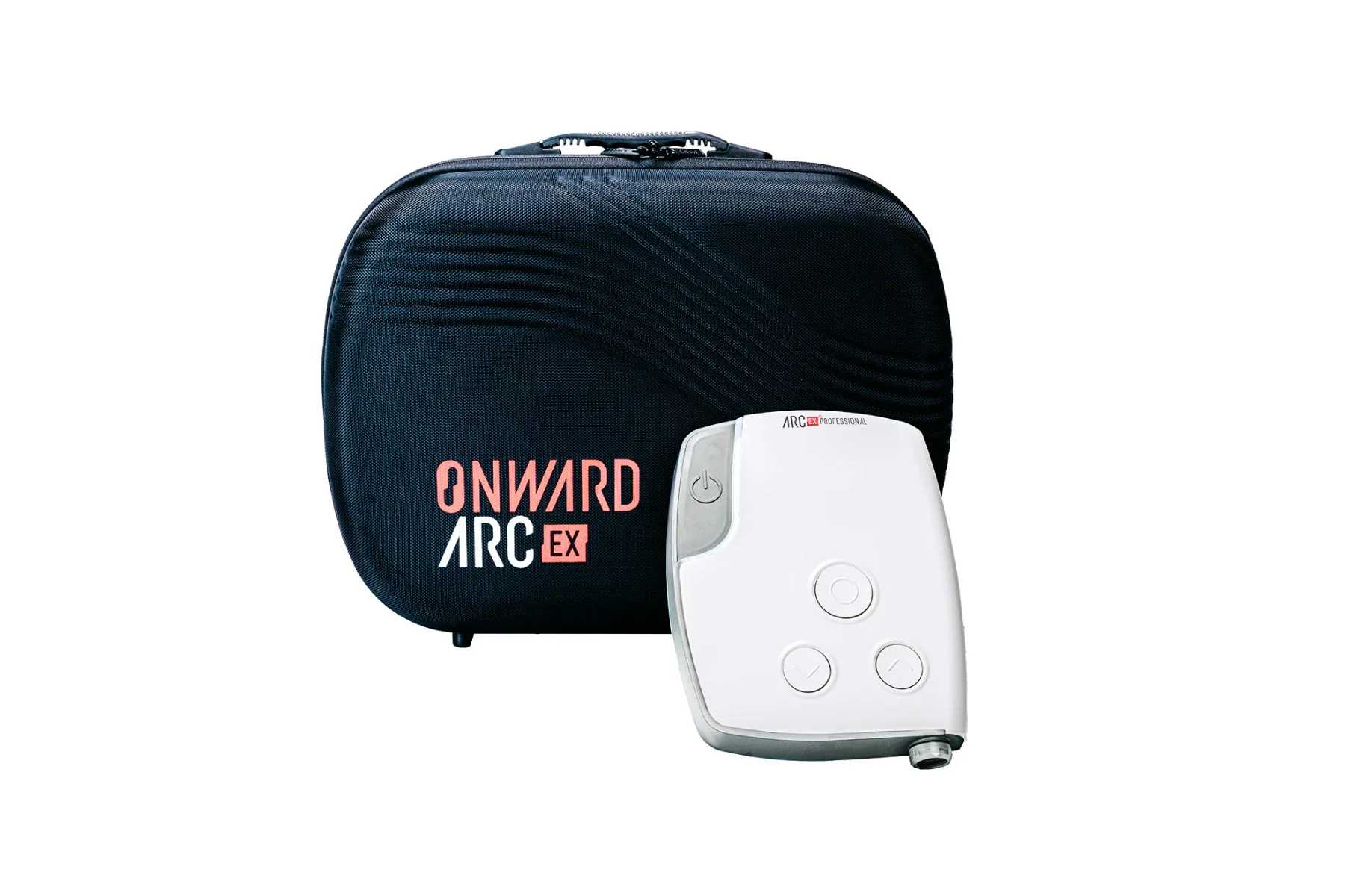 Maletín de transporte Onward ARC EX junto a la unidad de estimulación superficial para uso clínico y domiciliario