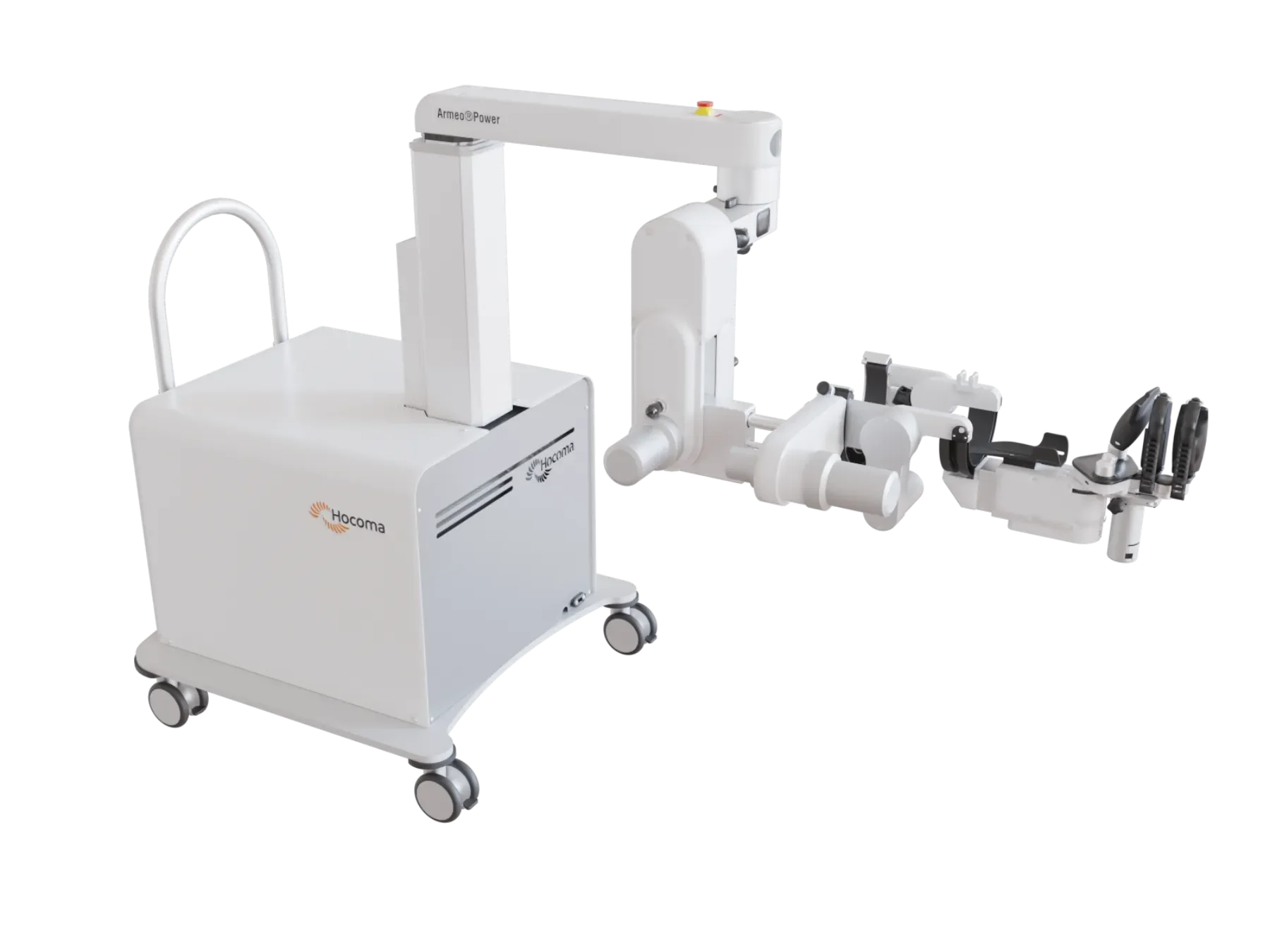 Vista general de Armeo Power instalado en entorno clínico para rehabilitación robótica del miembro superior con ejercicios interactivos. Bayber es distruidor oficial en España y Portugal