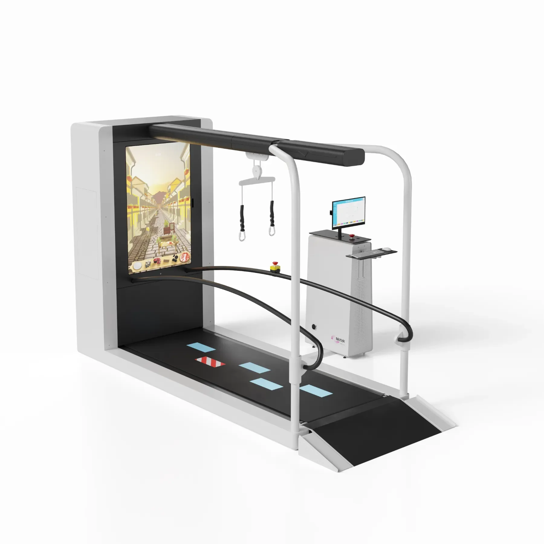 Vista general del sistema C‑Mill VR+ con pantalla de realidad virtual, barandillas y cinta de marcha instrumentada para análisis de marcha y entrenamiento ortopédico. Bayber distribuidor oficial en España y Portugal