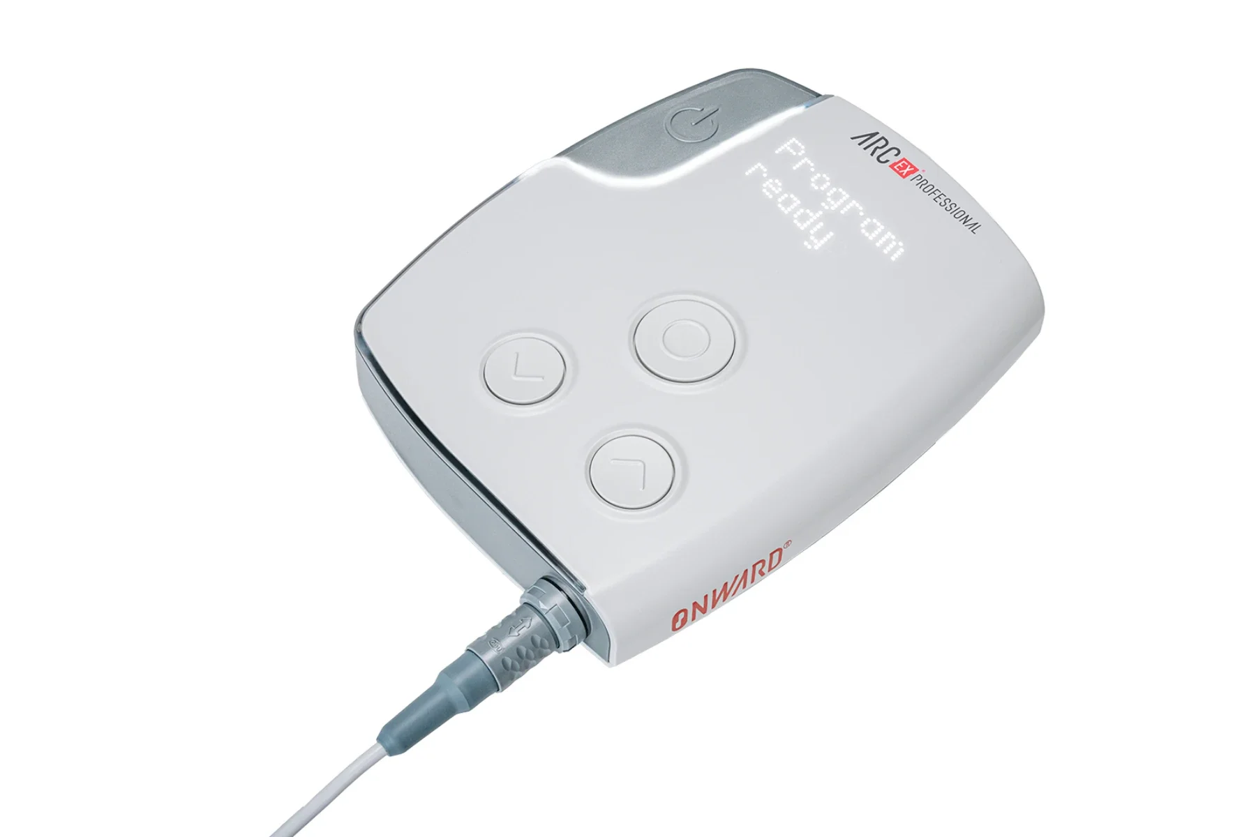 Unidad Onward ARCEX Professional con pantalla ‘Program ready’ y cable conectado, lista para iniciar la sesión de estimulación. Distrubido por Bayber en España y Portugal