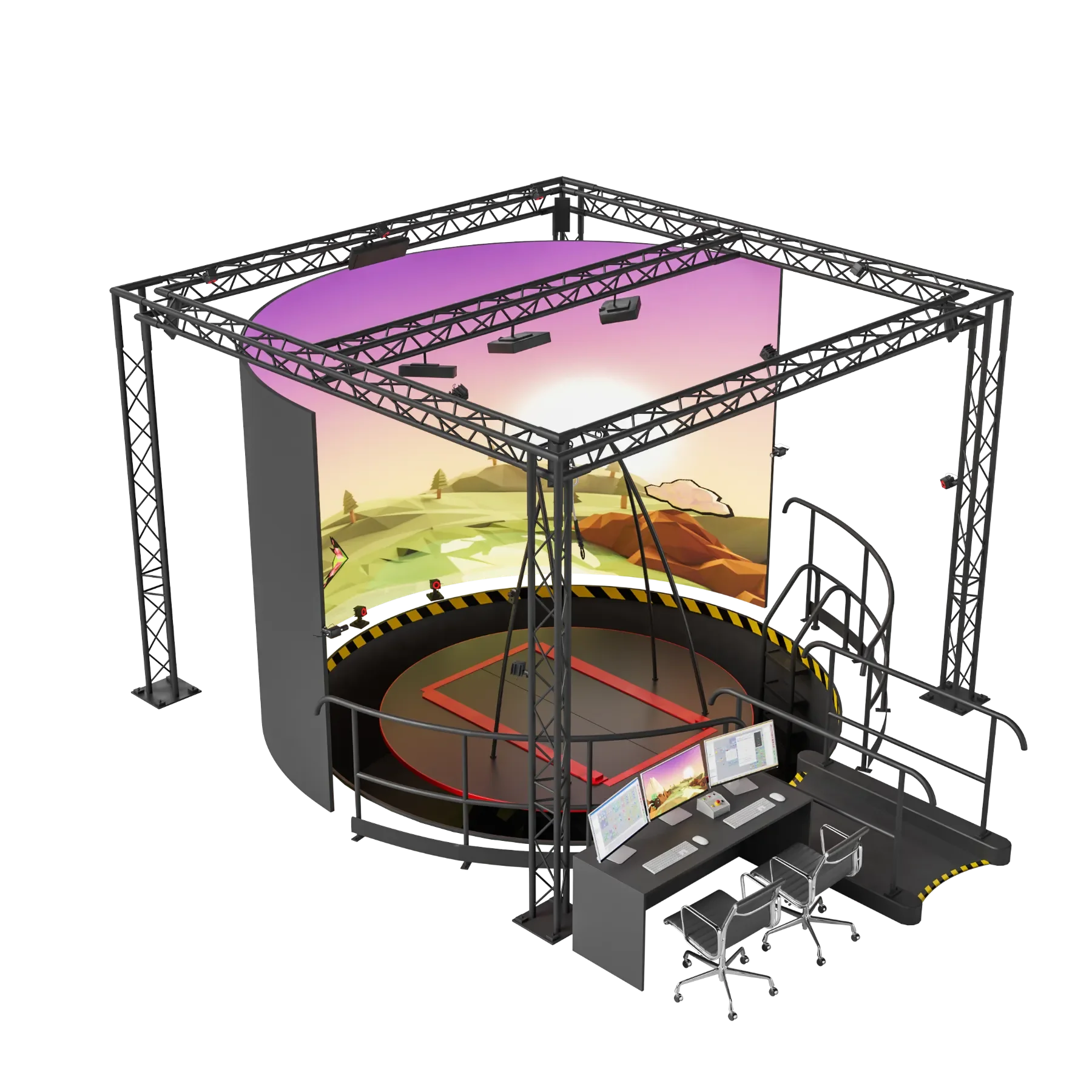 Render del sistema CAREN Extended mostrando la estructura, pasarela y pantalla curva para rehabilitación robótica avanzada con motion base 6DOF.