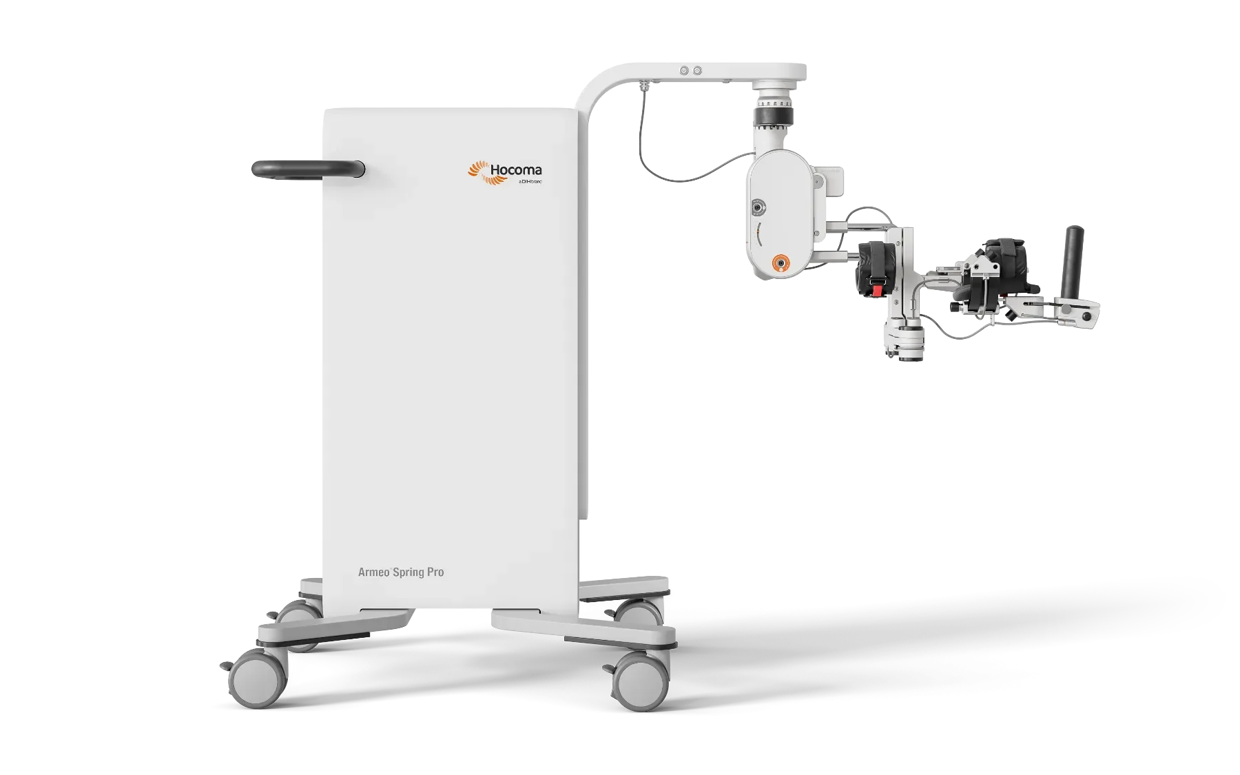 Vista lateral del dispositivo ArmeoSpring Pro, exoesqueleto de brazo para rehabilitación del miembro superior en entorno clínico. Producto de Hocoma distribuido oficialmente por Bayber en España y Portugal