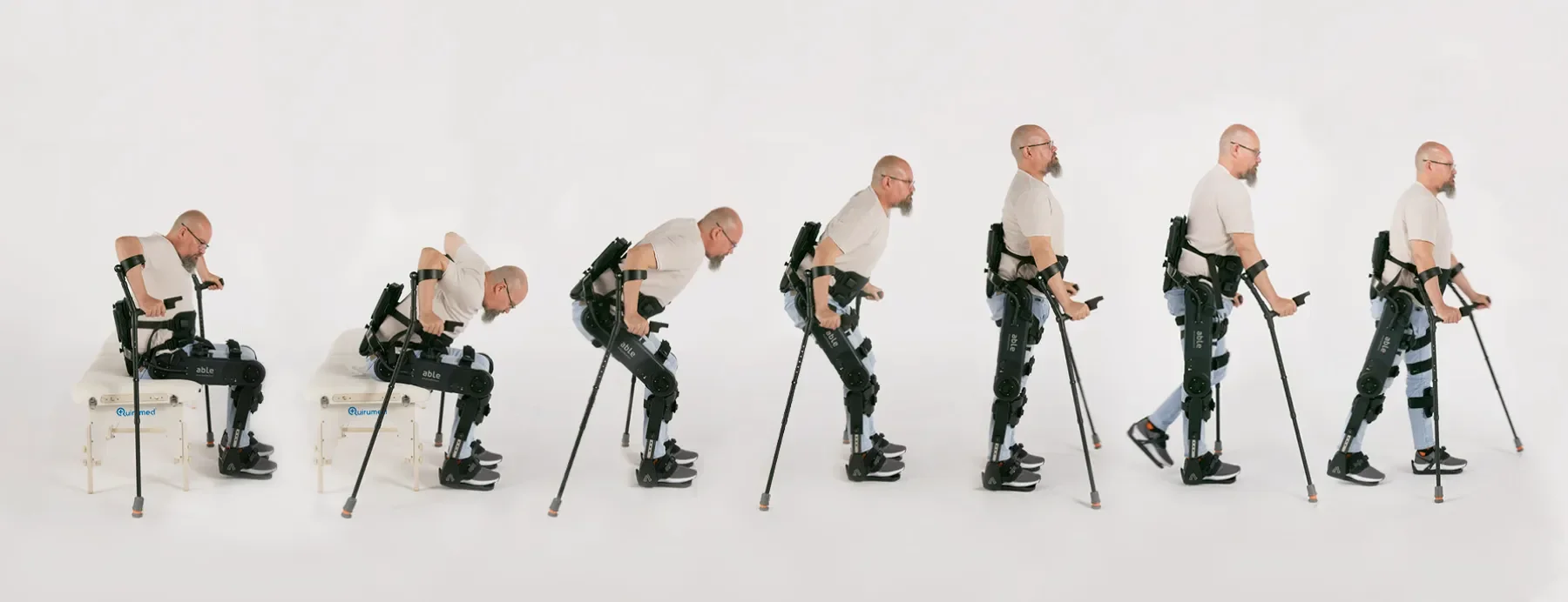 Secuencia estroboscópica que muestra las fases de bipedestación y marcha asistida con ABLE Exoskeleton en paciente con lesión medular. Bayber distribuidor oficial Portugal
