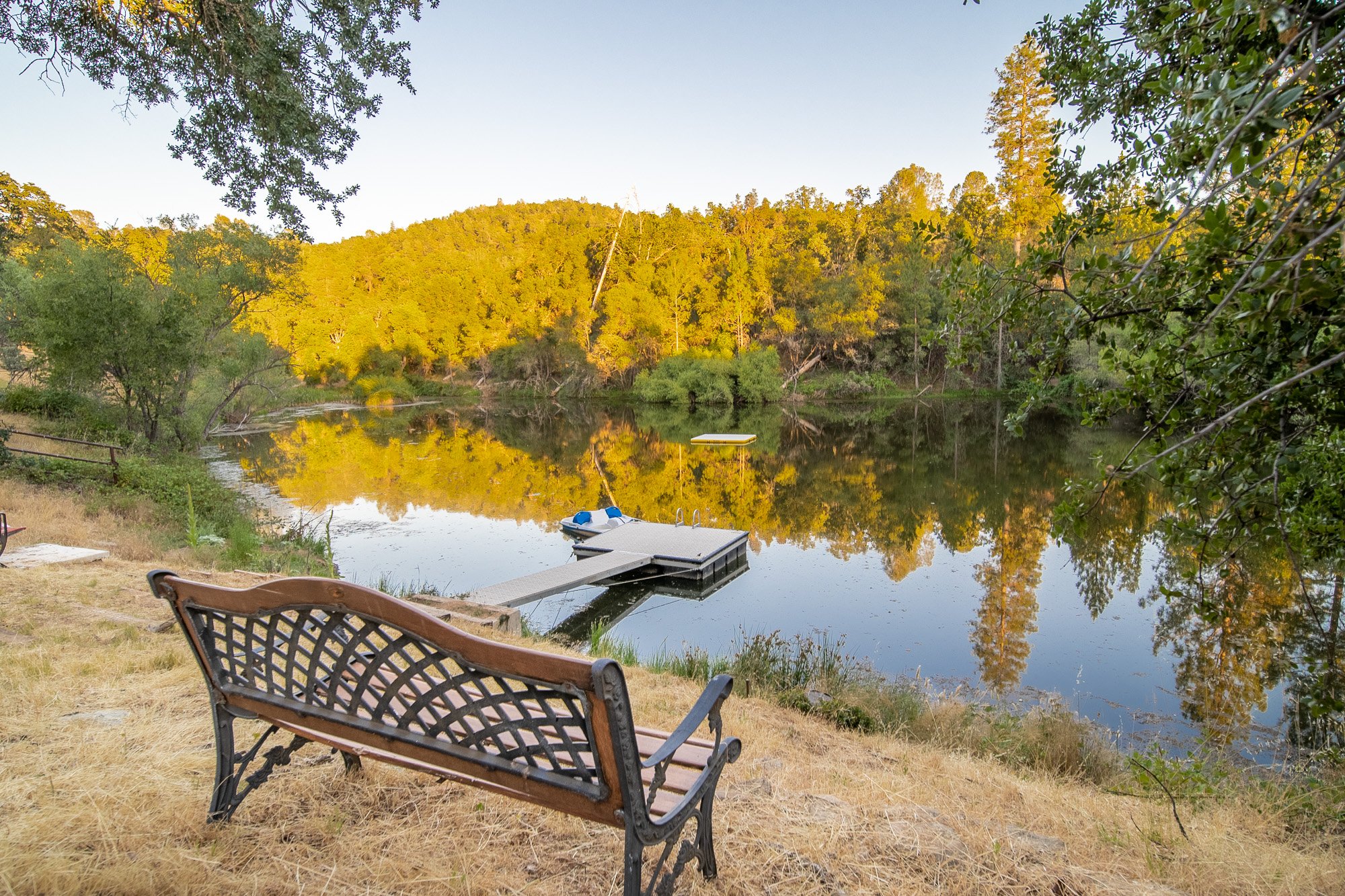 Scenic view of a lake with a dock, surrounded by trees reflecting in the water, and a wooden bench in the foreground.