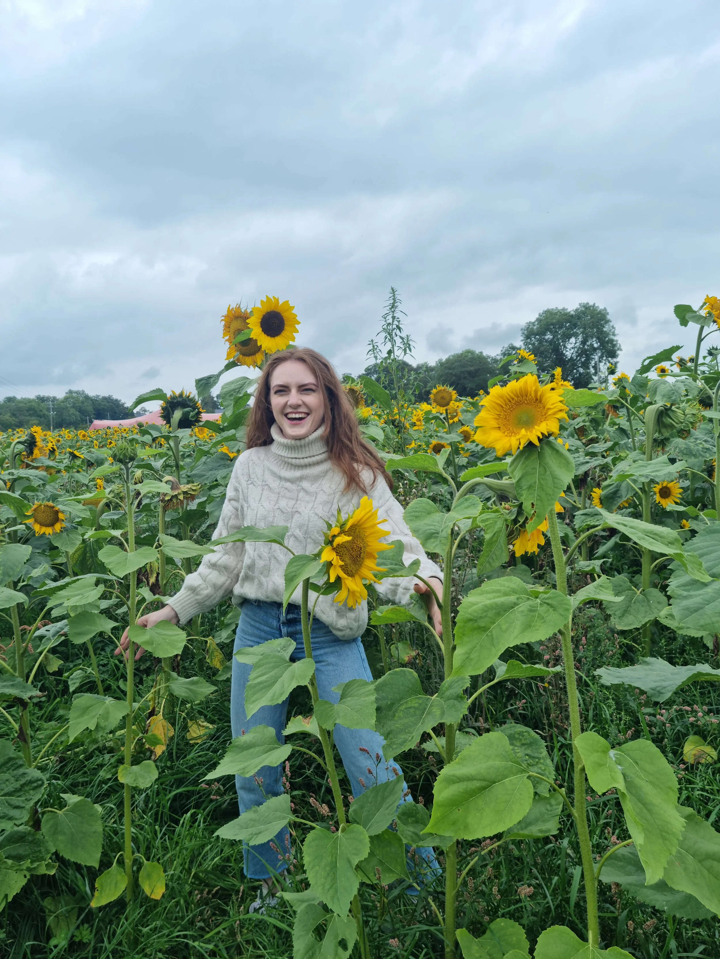 A woman in a white sweater and jeans smiling and laughing among tall sunflowers in a field under a cloudy sky.