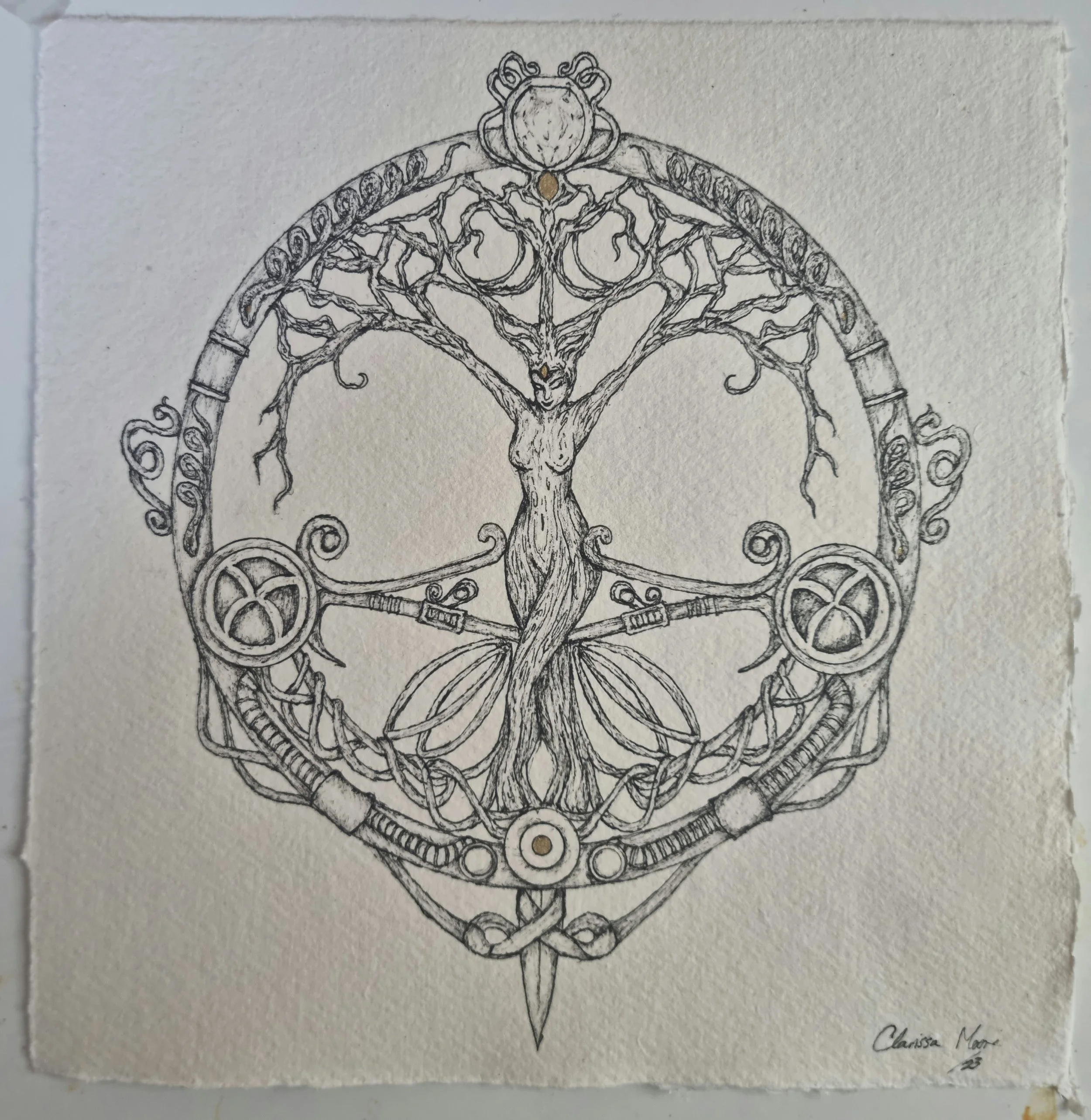 A detailed black and white drawing of a tree with human features, surrounded by intricate circular and geometric patterns, resembling a mystical or magical emblem.