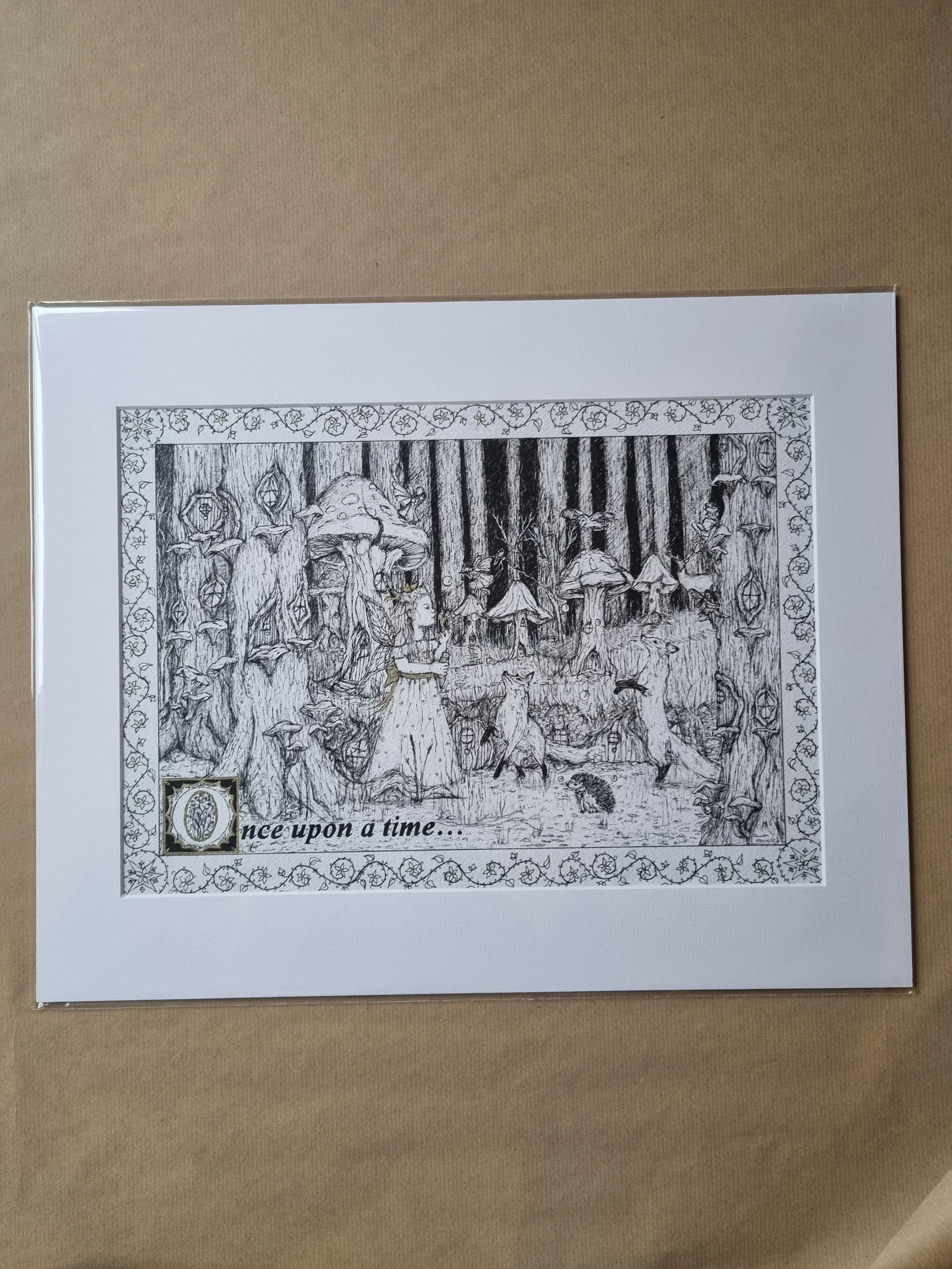 A framed black and white illustration titled 'Once upon a time...' depicting a fairy tale scene in a forest with a woman and various animals, including foxes, mice, and birds.