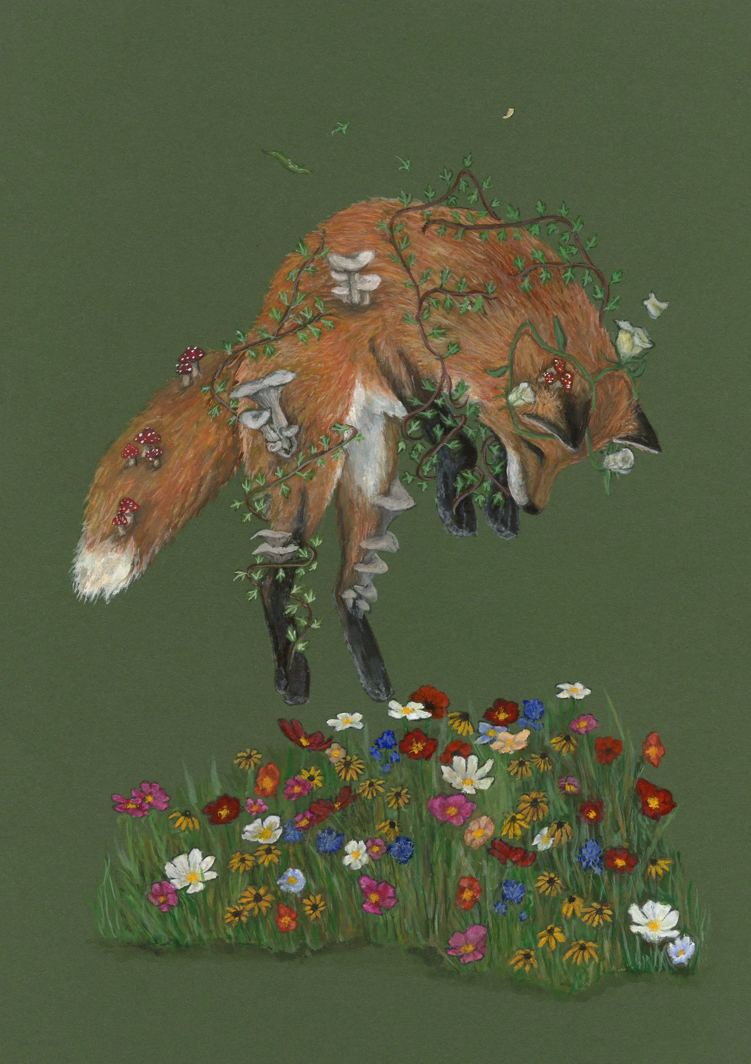 A fox's body with plants, mushrooms, and flowers growing on it, standing on a patch of colorful flowers against a green background.