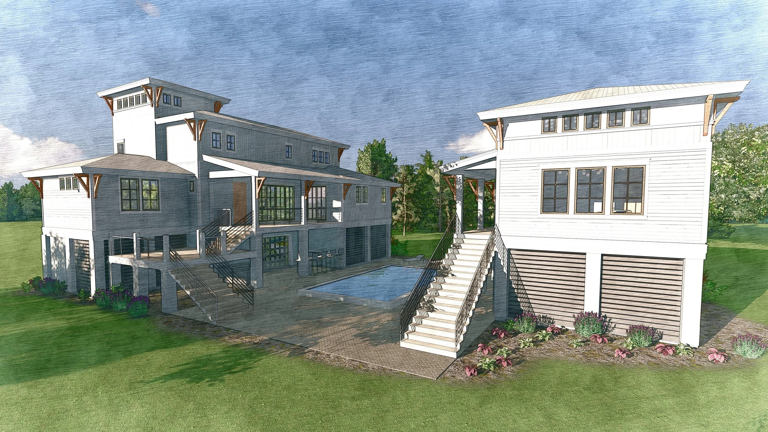 Custom family compound on Fripp Island, South Carolina by Chancellor Architecture — combining coastal Lowcountry design and modern amenities for multi-generational living and waterfront lifestyle.