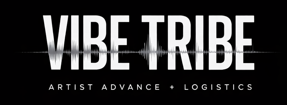 Text that reads 'VIBE TRIBE' with sound wave graphics behind the text, and smaller text below that says 'ARTIST ADVANCE + LOGISTICS' on a black background.