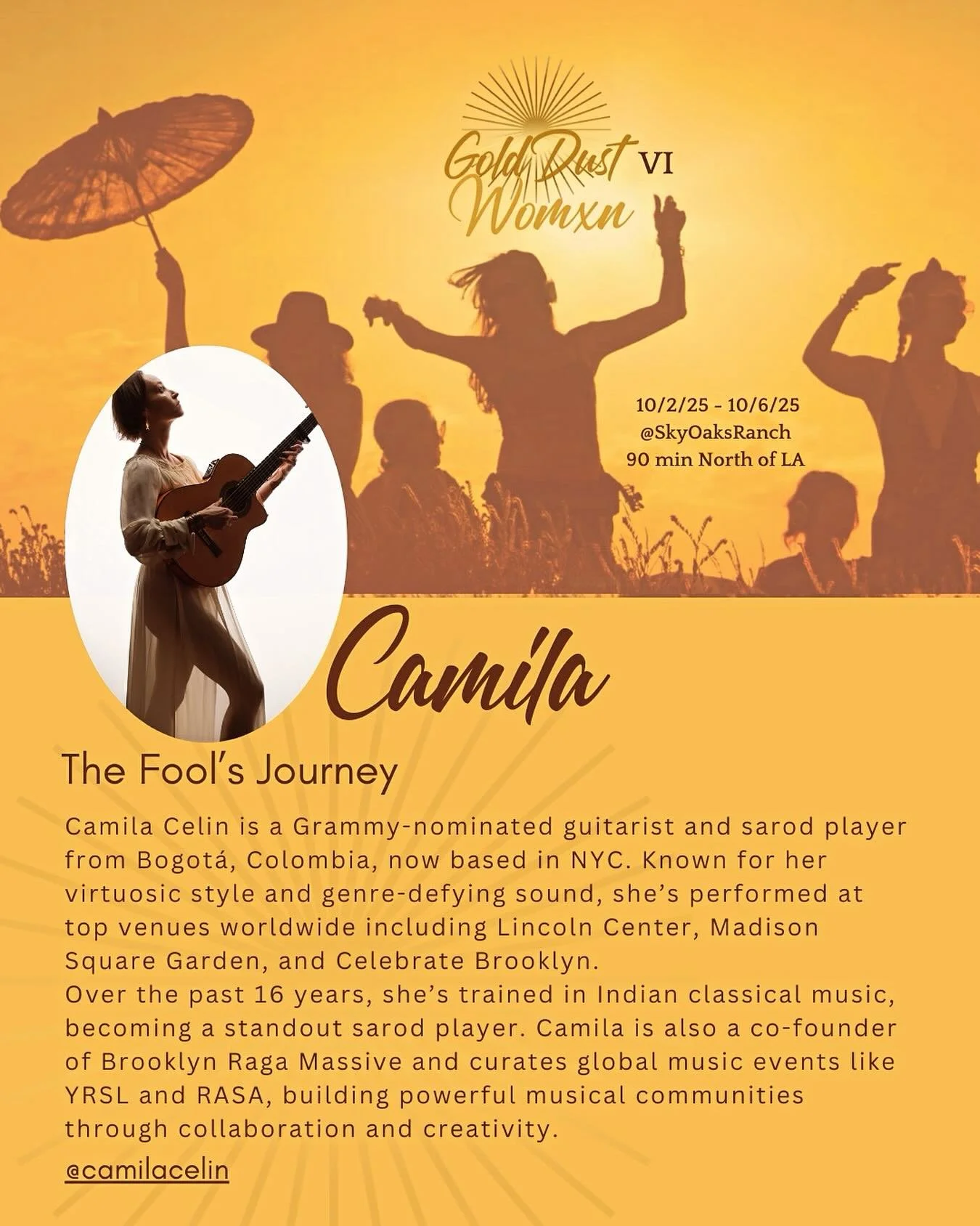 🌙✨ Gold Dust Spotlight ✨🌙

We&rsquo;re thrilled to welcome @camilacelin to Gold Dust for @thefoolsjourneyexperience , a ritual performance that merges tarot, music, and improvisation. Each show is unique, audience led, part oracle, part concert, pa